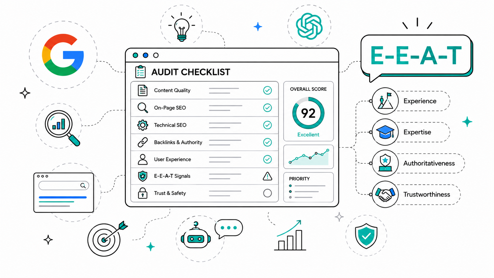 Infographic of an 'Audit Checklist' dashboard showing SEO categories and a 92 score labeled Excellent.